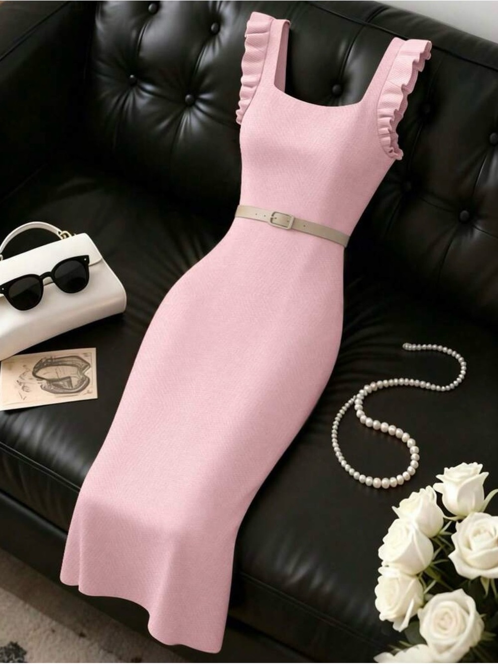 Pink Ruffle Strap Bodycon Dress - Picture 7 of 7